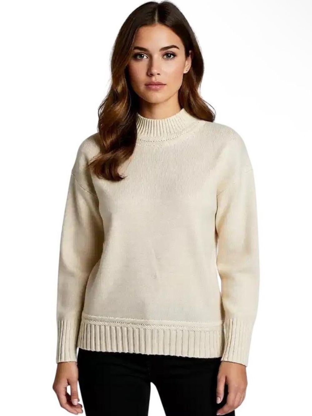 Tahari White Ribbed Mock Neck Wool Blend Sweater
